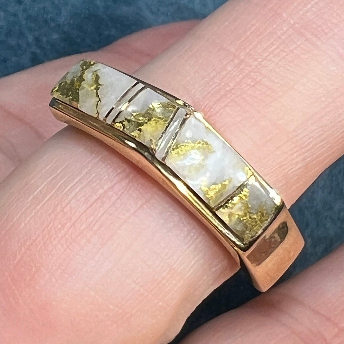 14k Gold ALASKAN GOLD QUARTZ Angled Ring. Wide Band. L