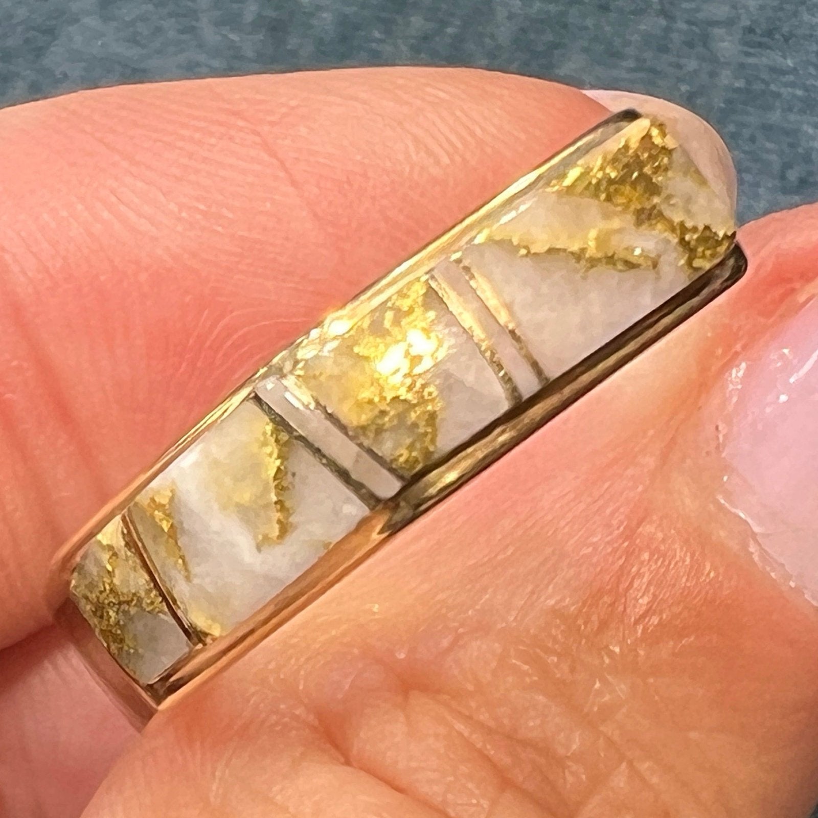 14k Gold ALASKAN GOLD QUARTZ Angled Ring. Wide Band. L