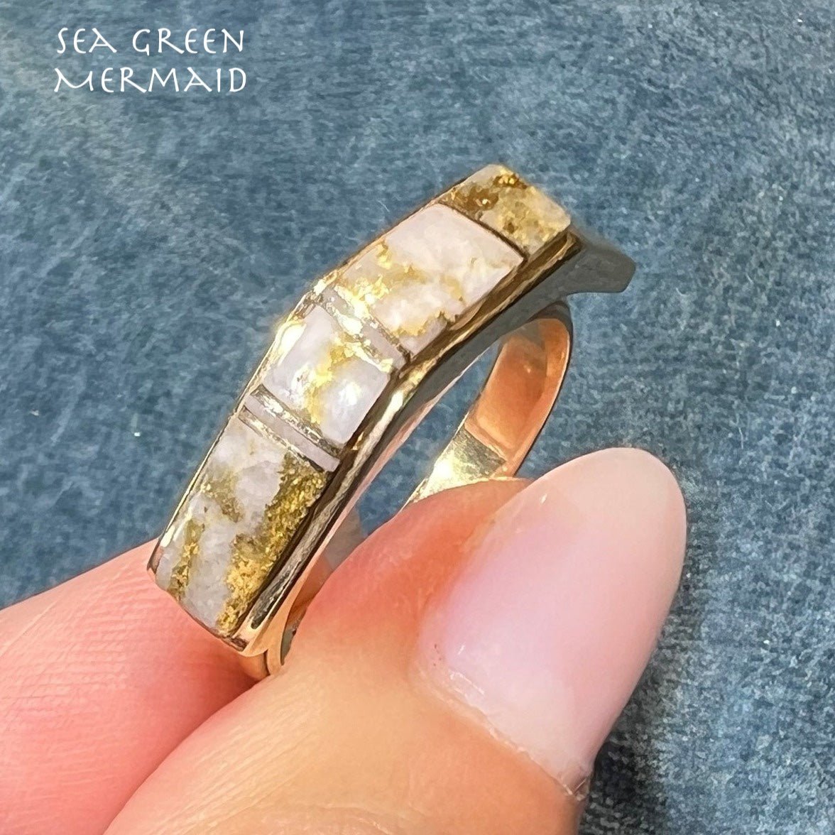 14k Gold ALASKAN GOLD QUARTZ Angled Ring. Wide Band. S