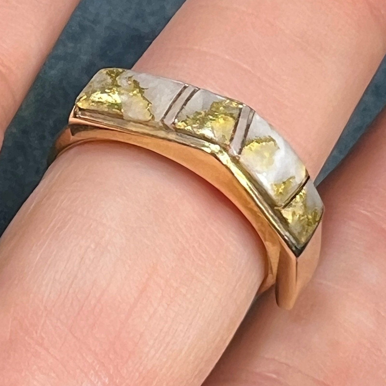 14k Gold ALASKAN GOLD QUARTZ Angled Ring. Wide Band. L