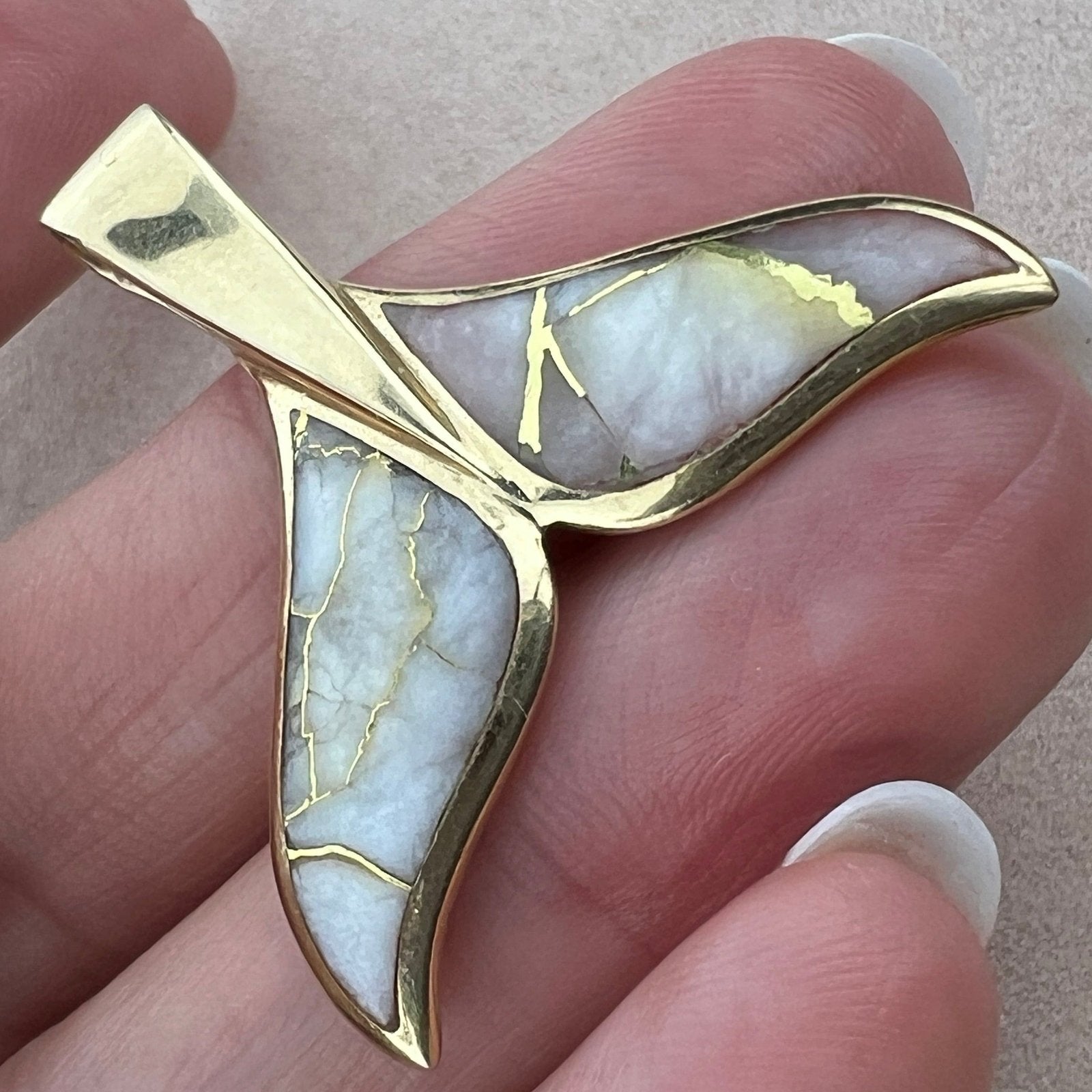 14k Gold Alaskan GOLD QUARTZ Mermaid Whale Tail Pendant. 1.3" *Video*