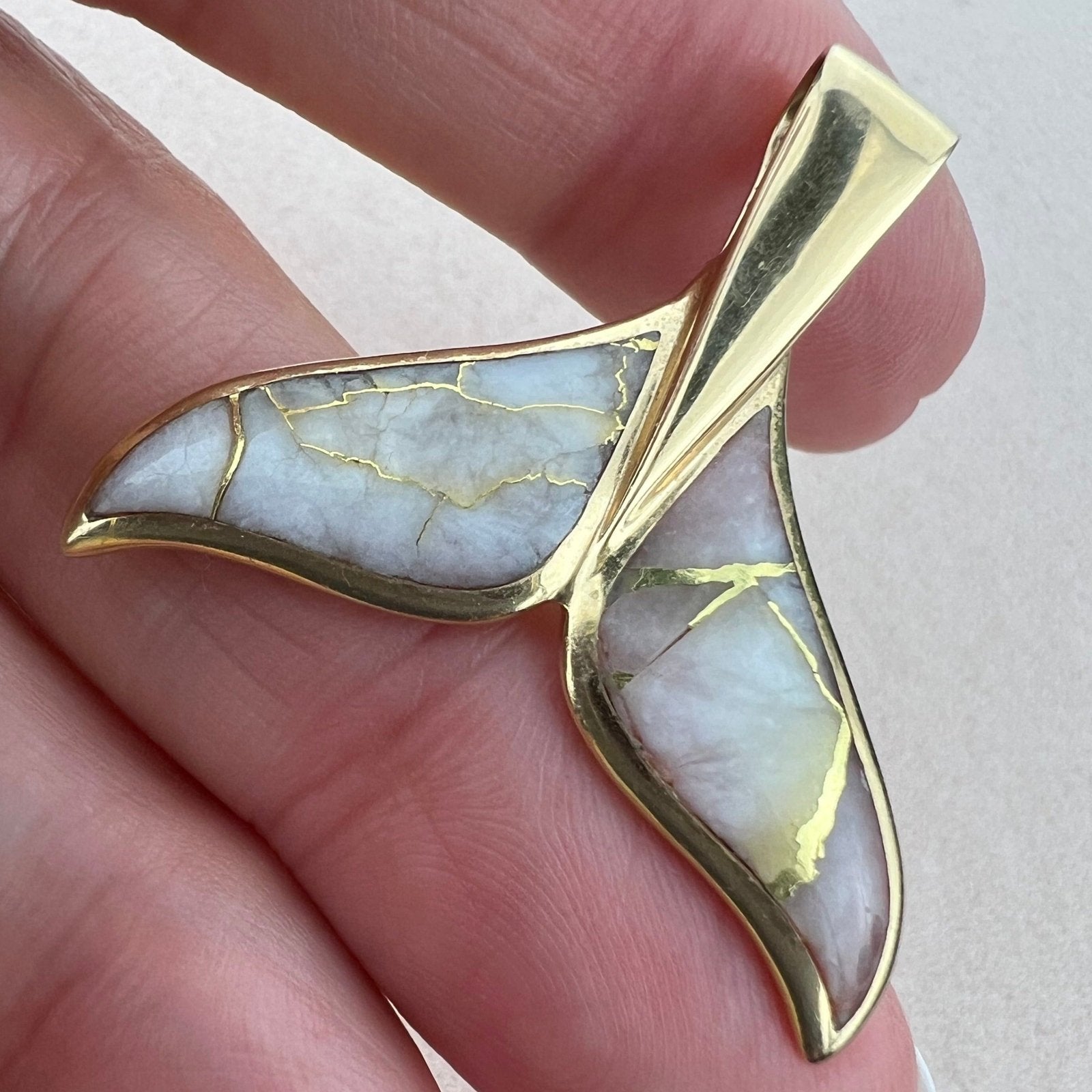 14k Gold Alaskan GOLD QUARTZ Mermaid Whale Tail Pendant. 1.3" *Video*