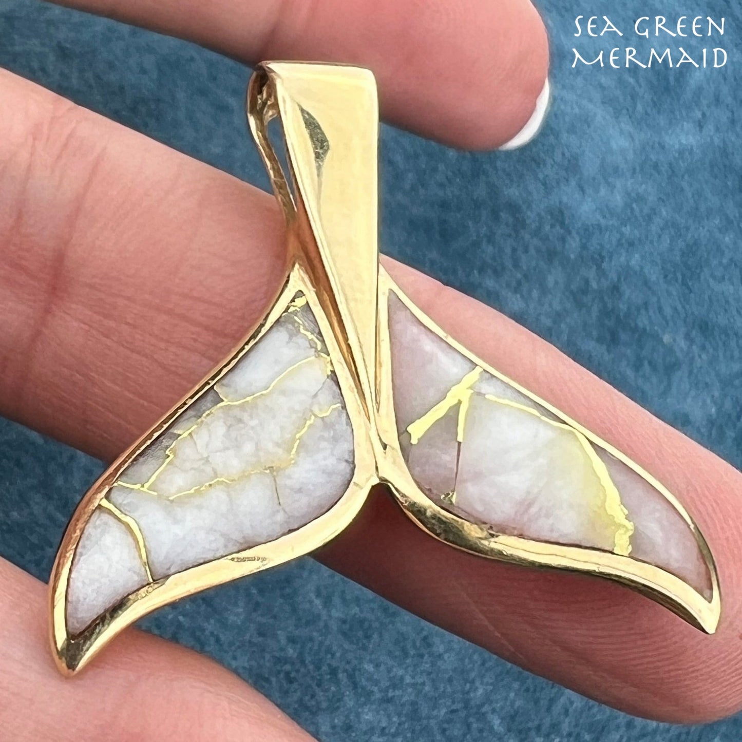 14k Gold Alaskan GOLD QUARTZ Mermaid Whale Tail Pendant. 1.3" *Video*