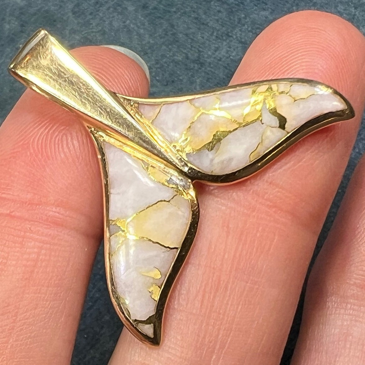 14k Gold Alaskan GOLD QUARTZ Mermaid Whale Tail Pendant. 1.5"