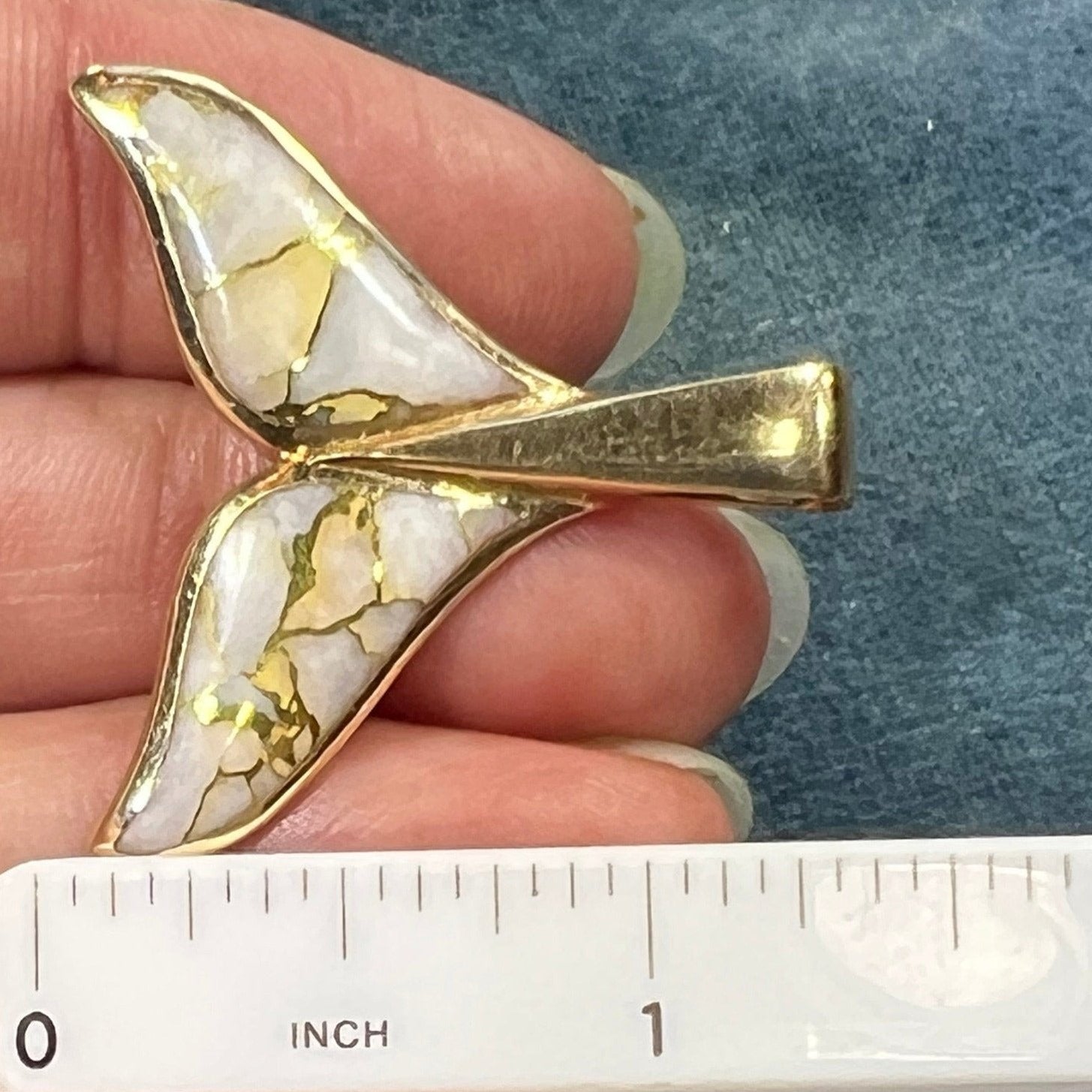 14k Gold Alaskan GOLD QUARTZ Mermaid Whale Tail Pendant. 1.5"