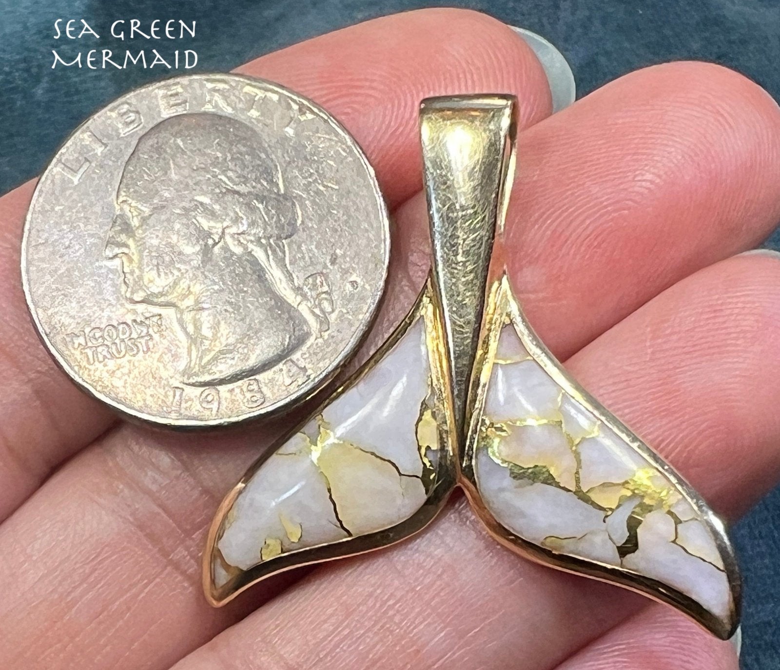 14k Gold Alaskan GOLD QUARTZ Mermaid Whale Tail Pendant. 1.5"