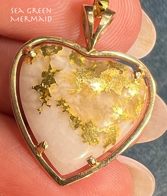 14k Gold Alaskan Gold Bearing Quartz HEART Pendant 1" *Video*