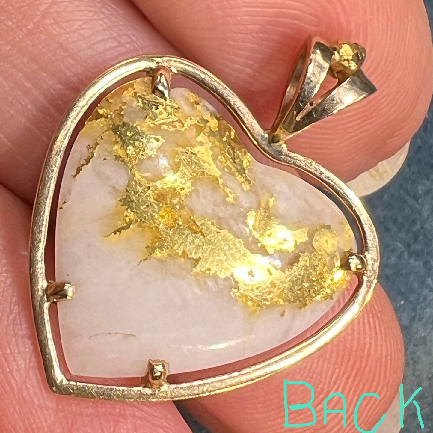 14k Gold Alaskan Gold Bearing Quartz HEART Pendant 1" *Video*
