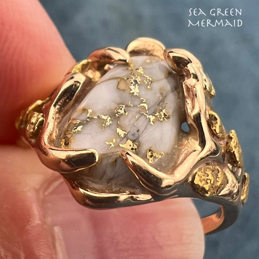 14k Gold Alaskan Gold-in-Quartz Ring w 24k Nuggets. 1/2" + 5g