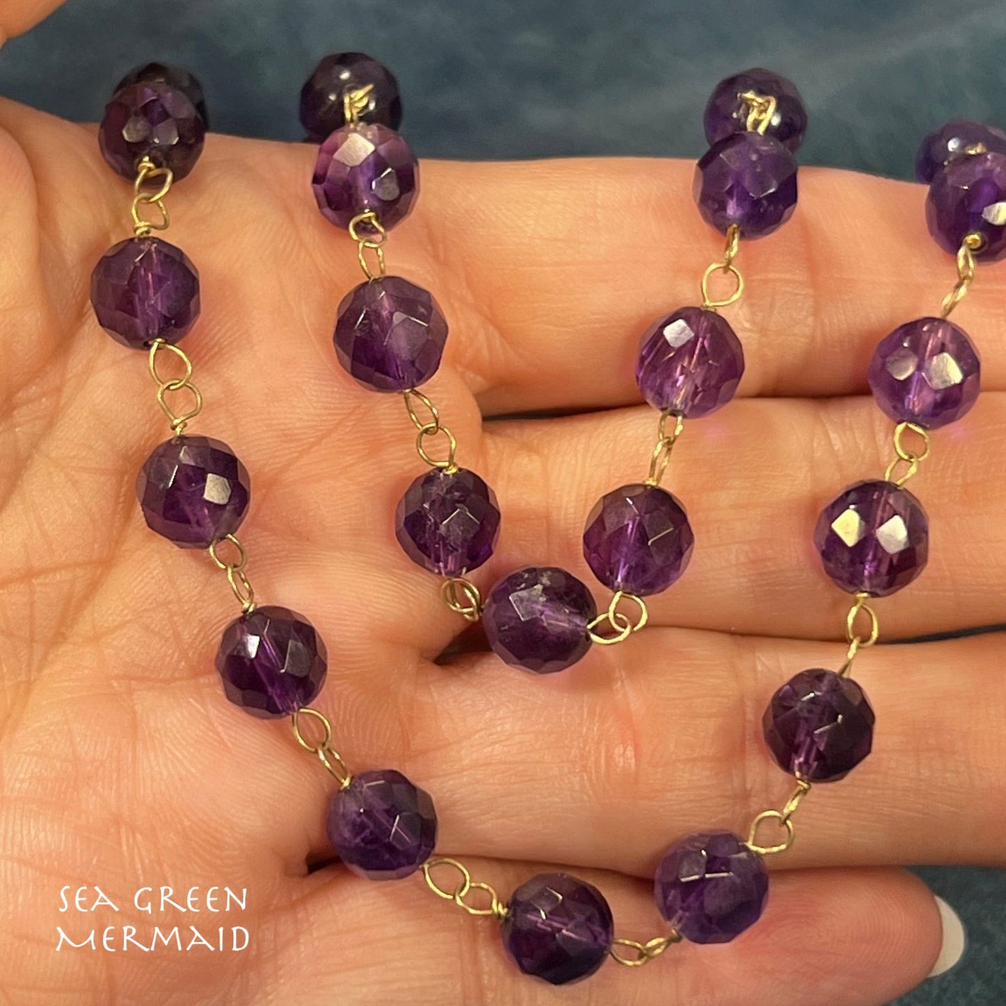 14k Gold Amethyst Antique Hand-Cut Bead Station Chain Necklace. 22g