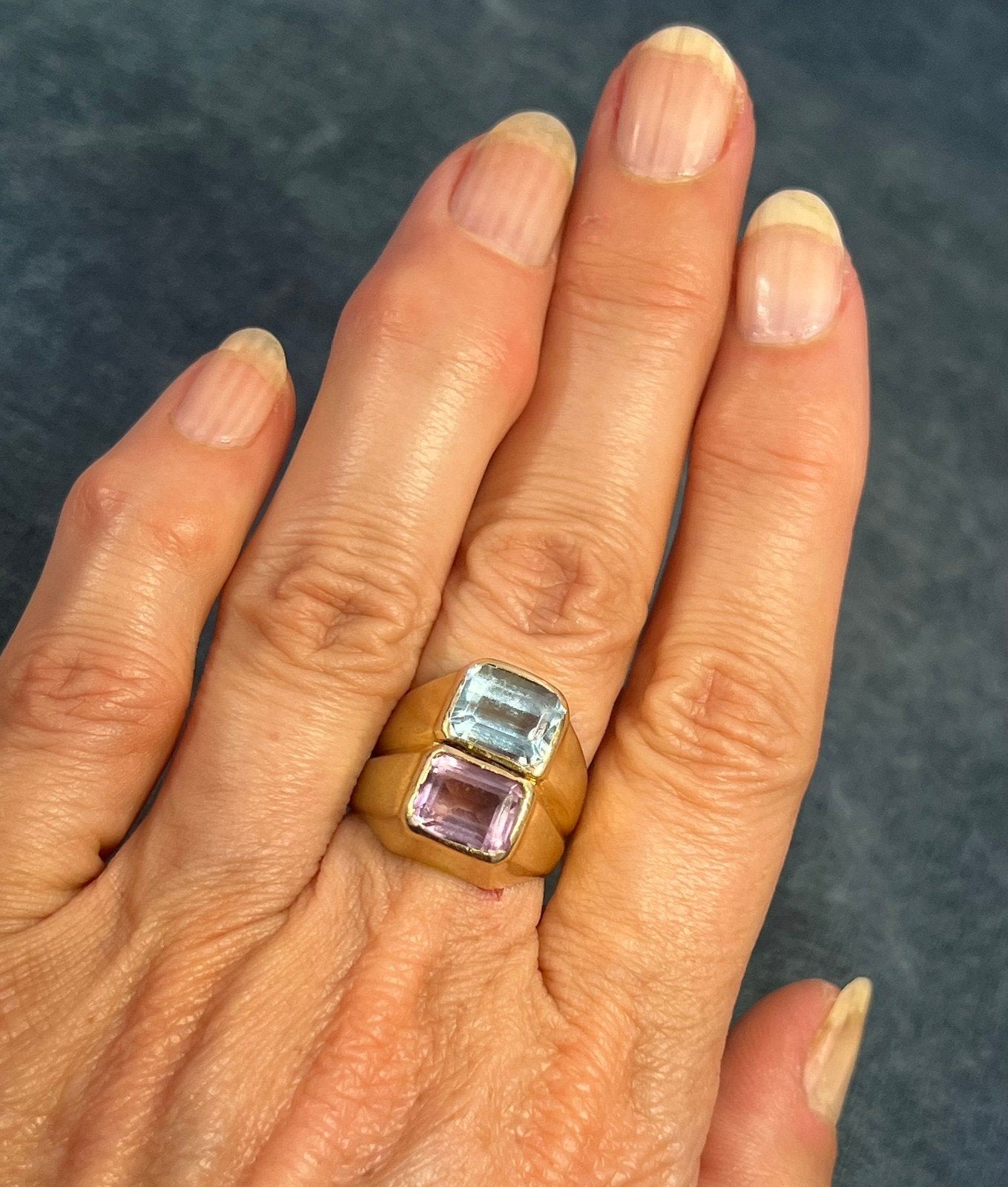 14k Gold Amethyst + Blue Topaz Wide Cigar Band Ring. 10g + 16mm