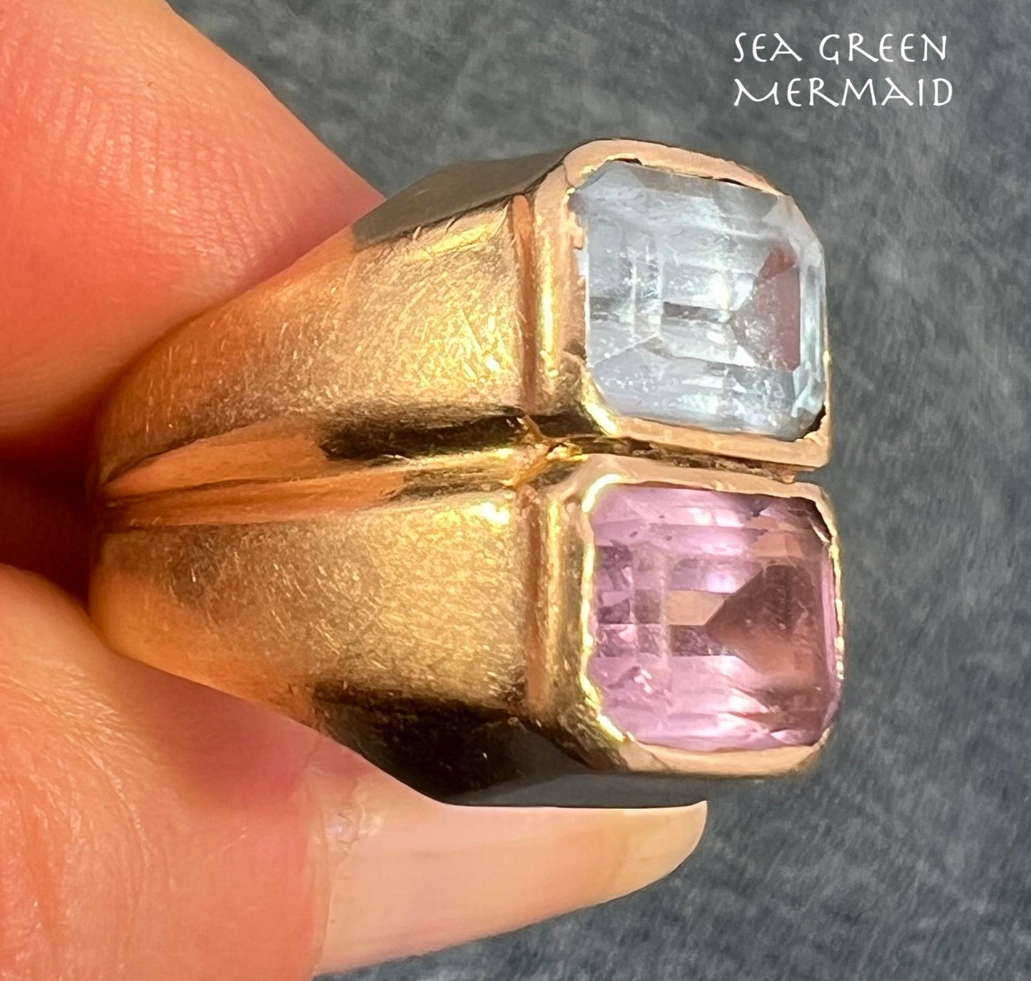 14k Gold Amethyst + Blue Topaz Wide Cigar Band Ring. 10g + 16mm