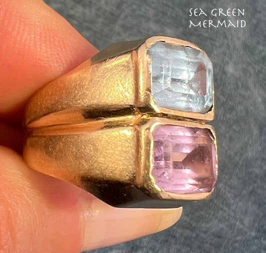 14k Gold Amethyst + Blue Topaz Wide Cigar Band Ring. 10g + 16mm