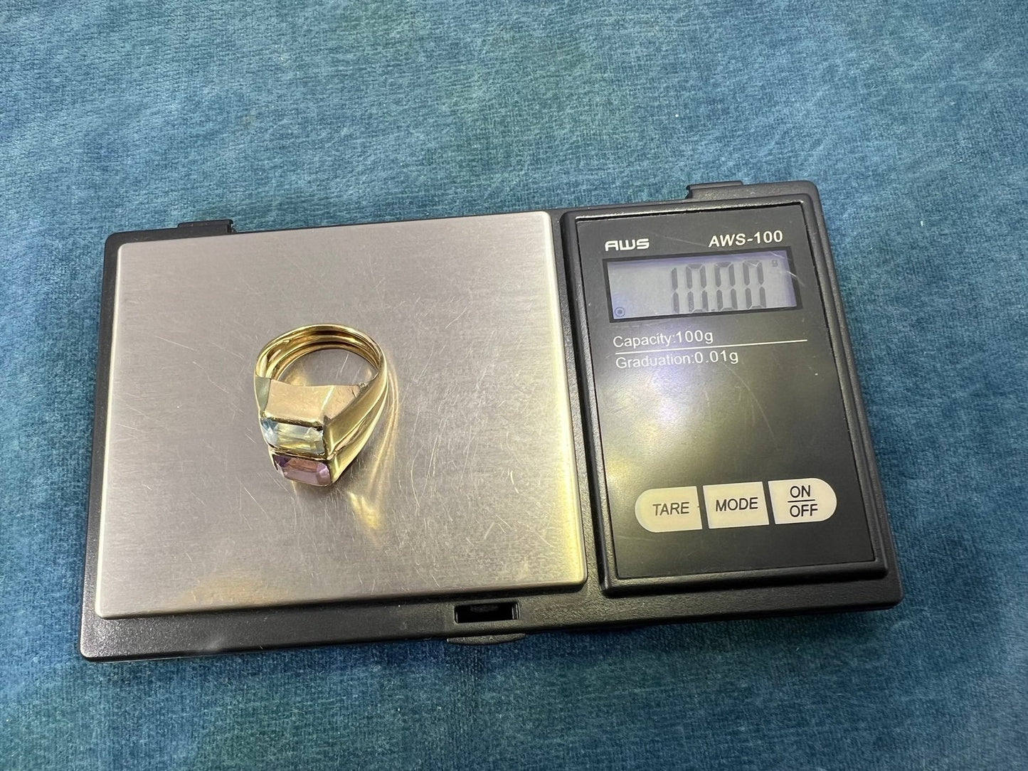 14k Gold Amethyst + Blue Topaz Wide Cigar Band Ring. 10g + 16mm