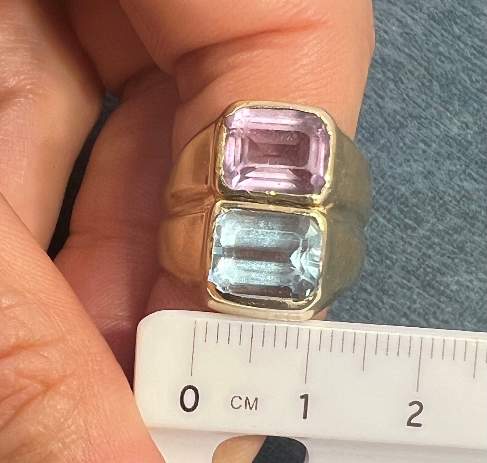 14k Gold Amethyst + Blue Topaz Wide Cigar Band Ring. 10g + 16mm