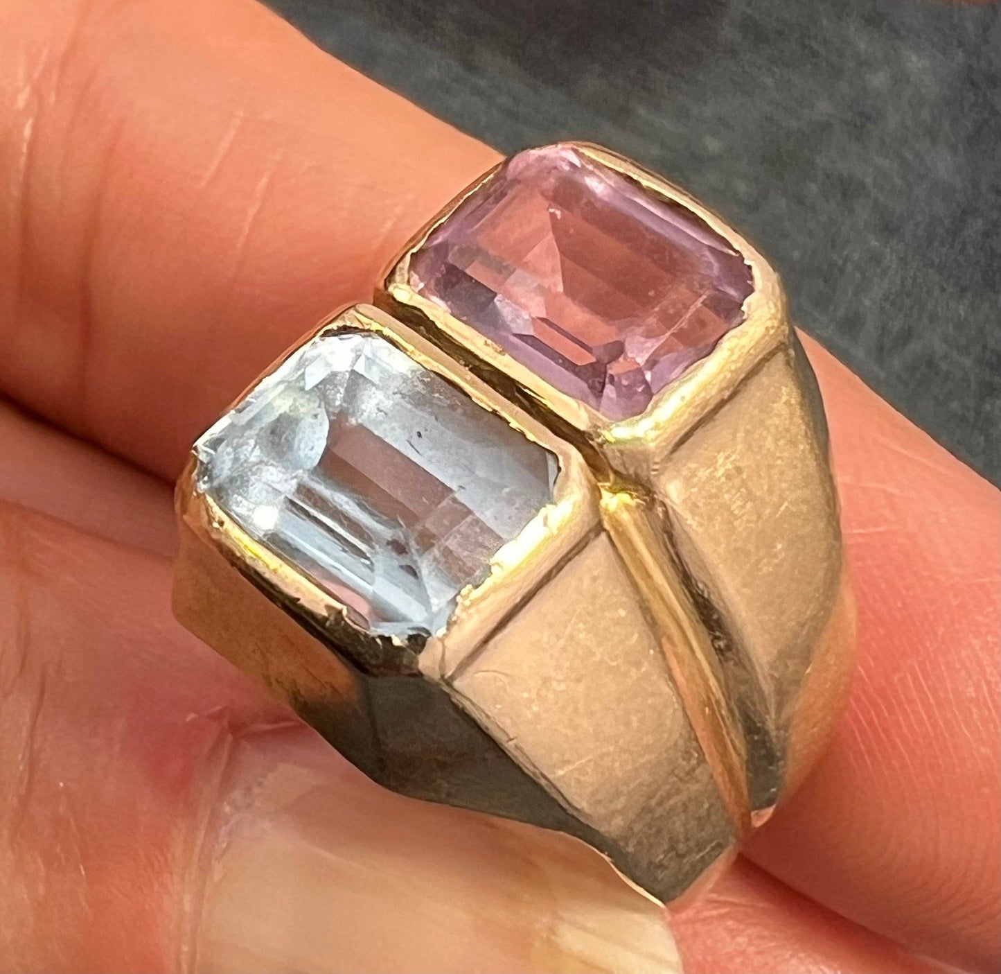 14k Gold Amethyst + Blue Topaz Wide Cigar Band Ring. 10g + 16mm