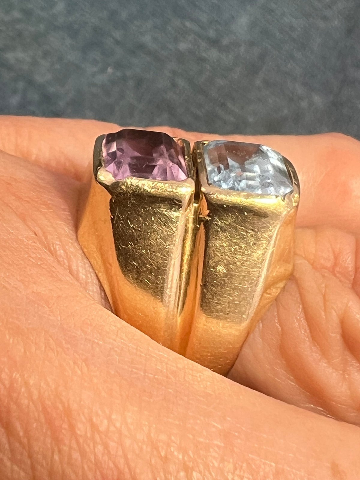 14k Gold Amethyst + Blue Topaz Wide Cigar Band Ring. 10g + 16mm