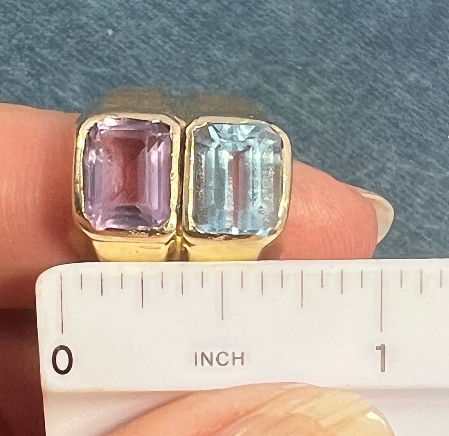 14k Gold Amethyst + Blue Topaz Wide Cigar Band Ring. 10g + 16mm