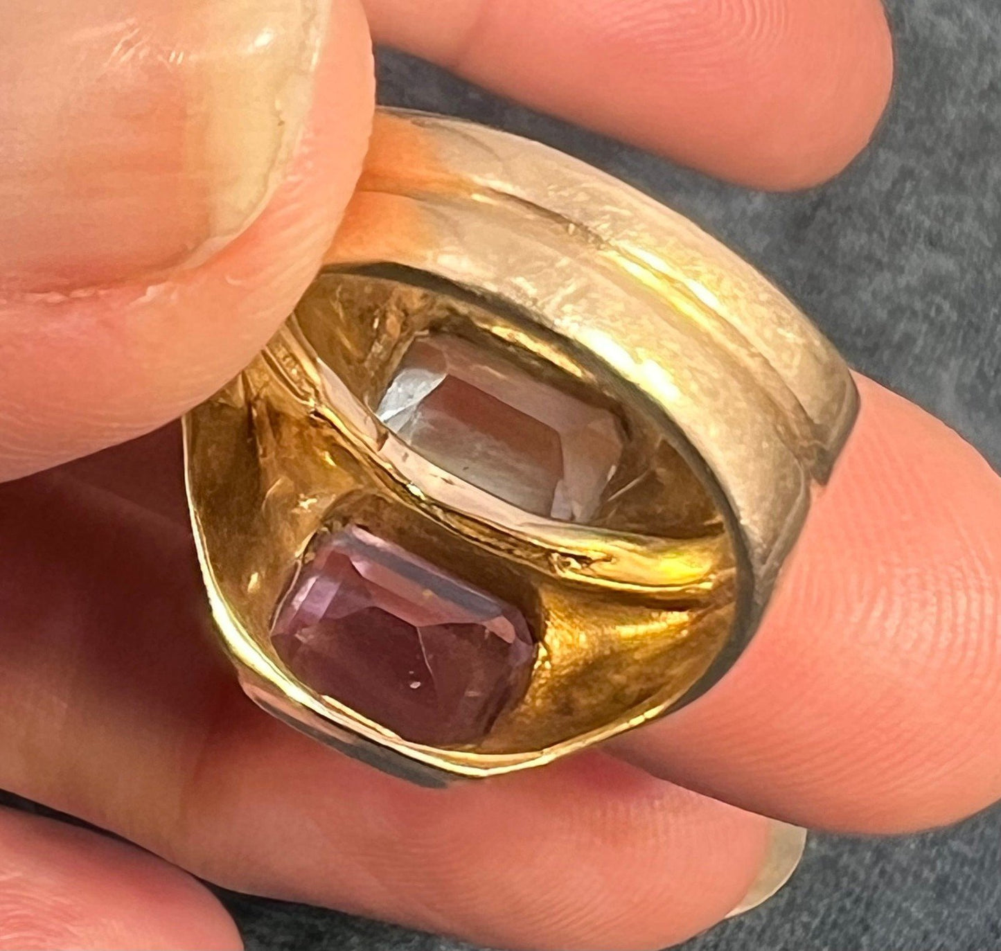 14k Gold Amethyst + Blue Topaz Wide Cigar Band Ring. 10g + 16mm