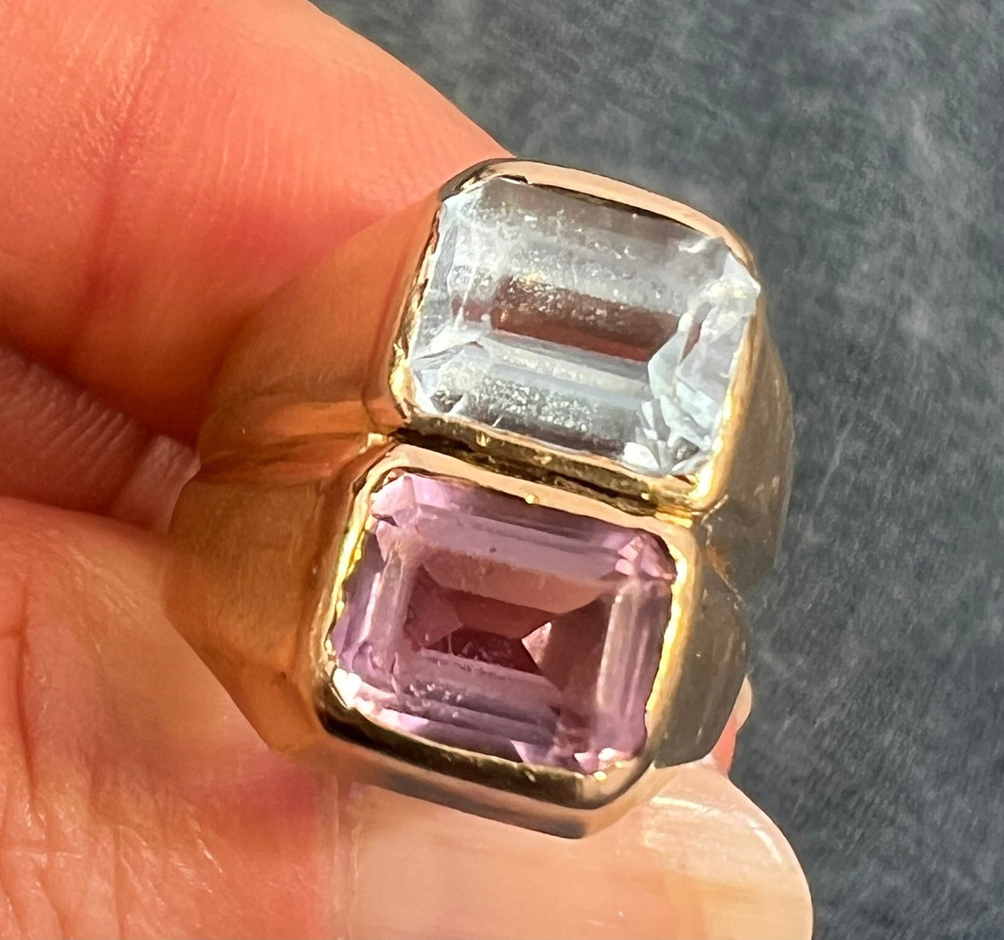 14k Gold Amethyst + Blue Topaz Wide Cigar Band Ring. 10g + 16mm