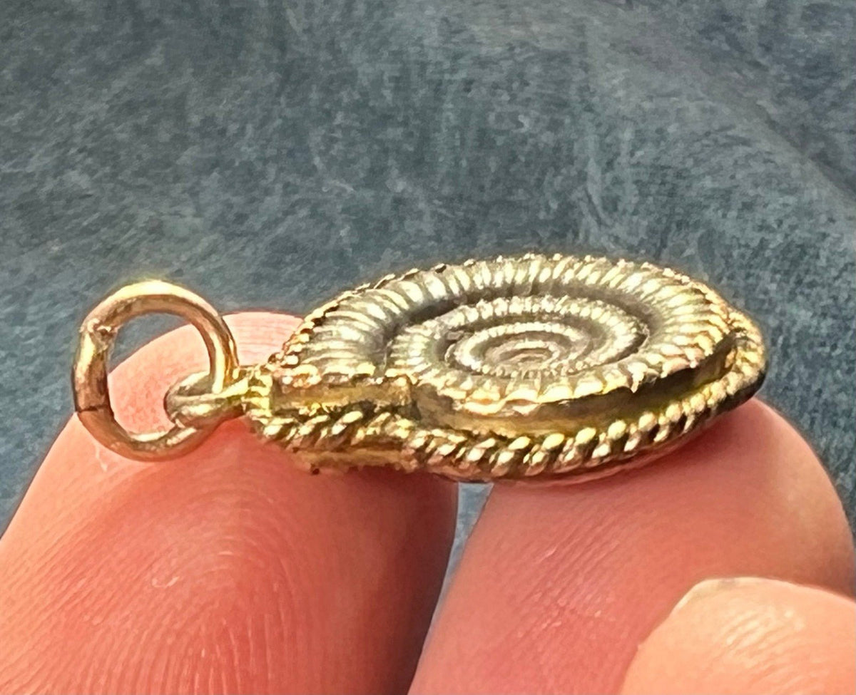 14k Gold Ammonite Cephalopod Fossil Pendant. Pre-Cretaceous