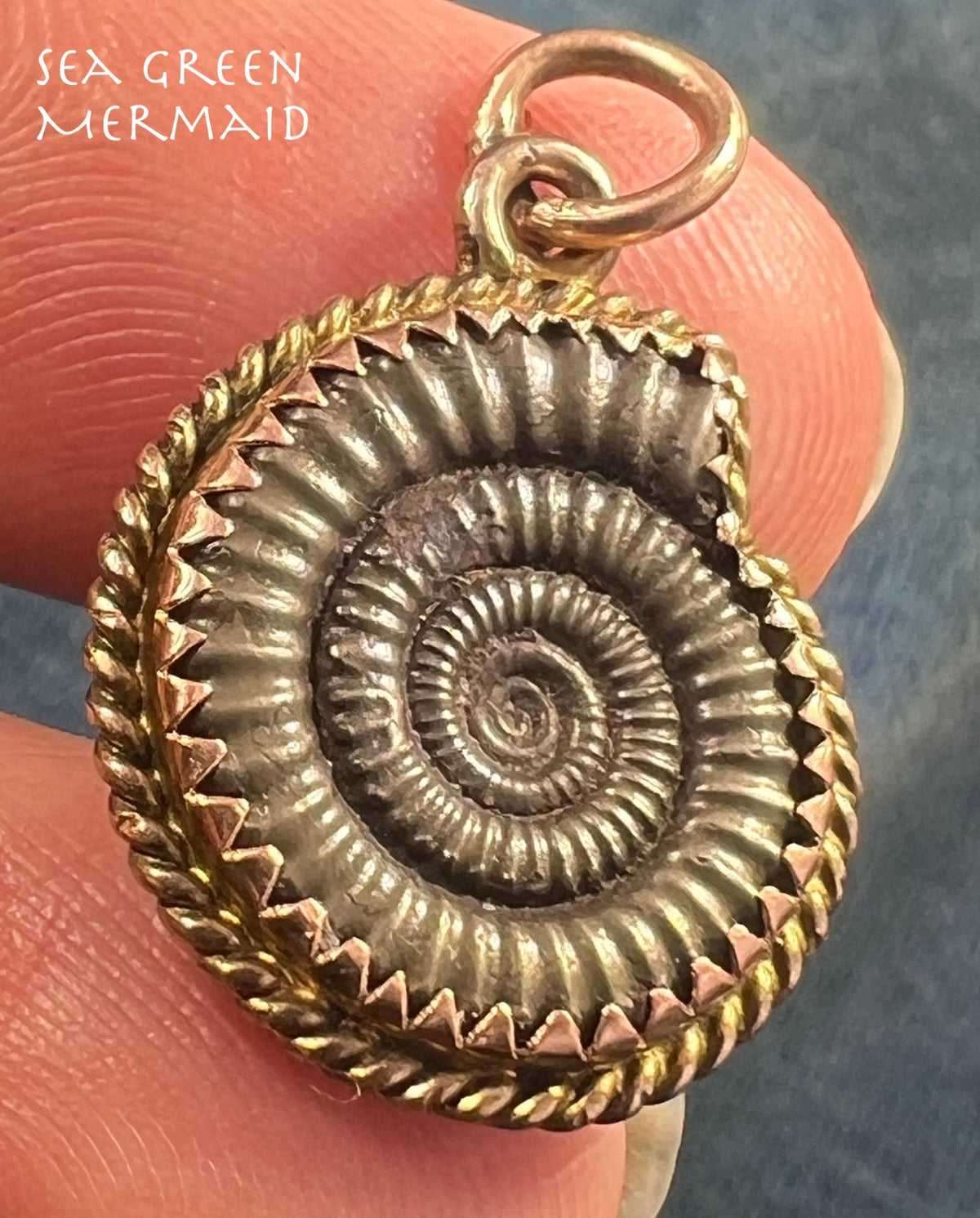 14k Gold Ammonite Cephalopod Fossil Pendant. Pre-Cretaceous