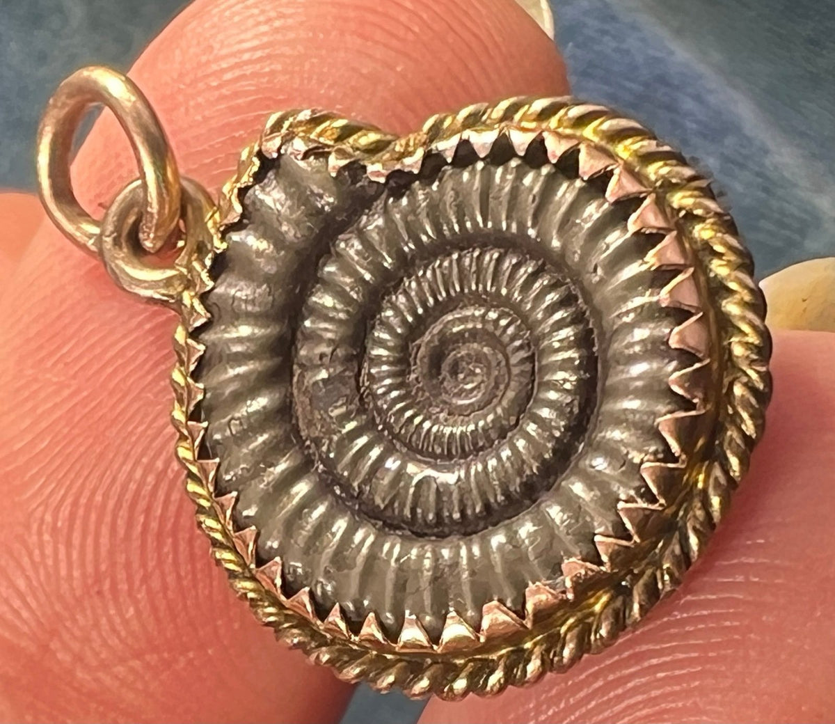 14k Gold Ammonite Cephalopod Fossil Pendant. Pre-Cretaceous
