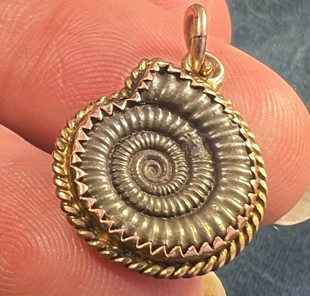 14k Gold Ammonite Cephalopod Fossil Pendant. Pre-Cretaceous