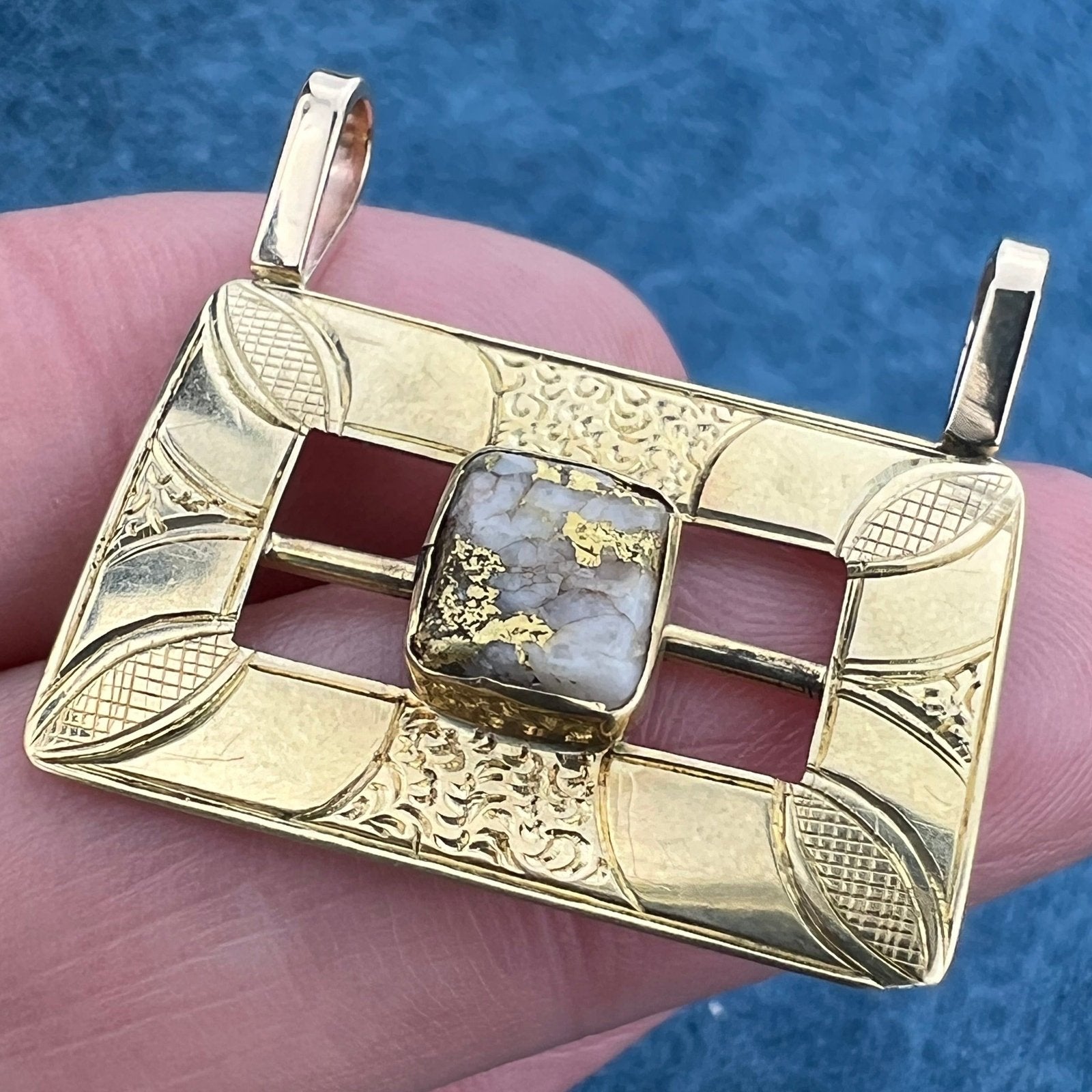 14k Gold Antique Alaskan Gold-In-Quartz Engraved Buckle Pendant. 1.5"