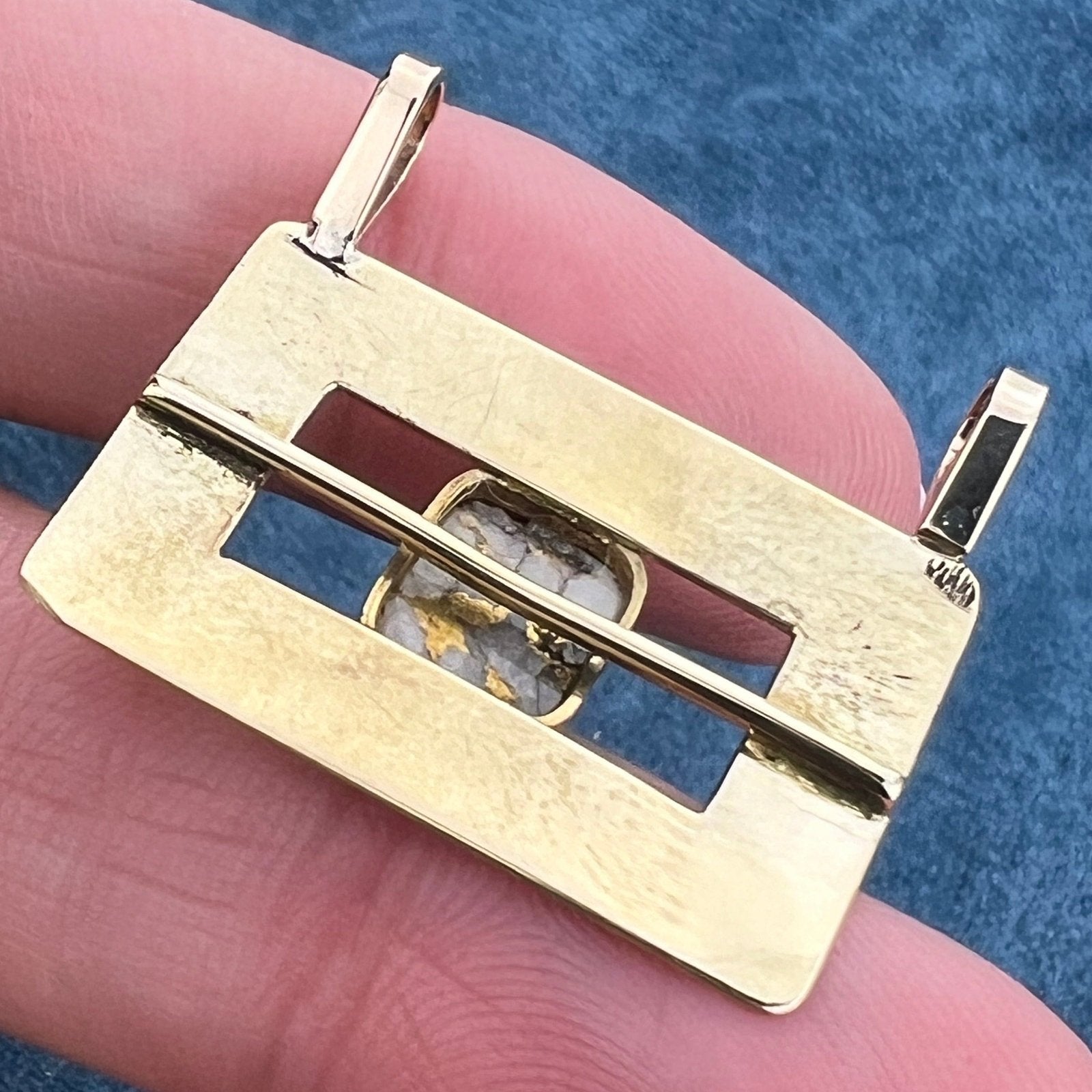 14k Gold Antique Alaskan Gold-In-Quartz Engraved Buckle Pendant. 1.5"