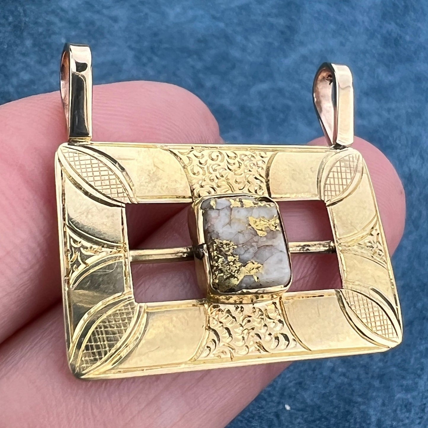 14k Gold Antique Alaskan Gold-In-Quartz Engraved Buckle Pendant. 1.5"