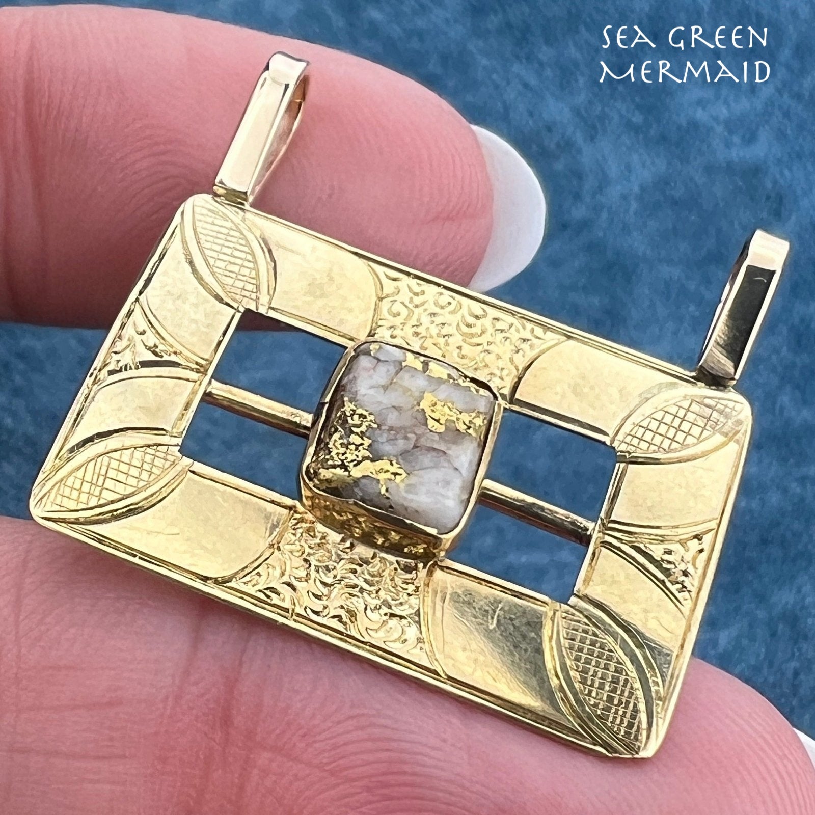 14k Gold Antique Alaskan Gold-In-Quartz Engraved Buckle Pendant. 1.5"