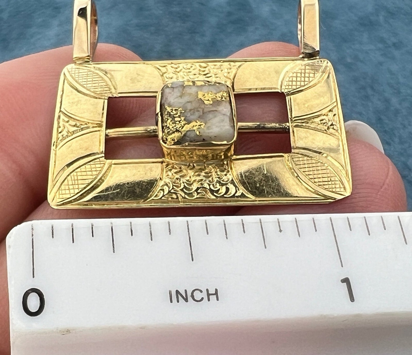 14k Gold Antique Alaskan Gold-In-Quartz Engraved Buckle Pendant. 1.5"