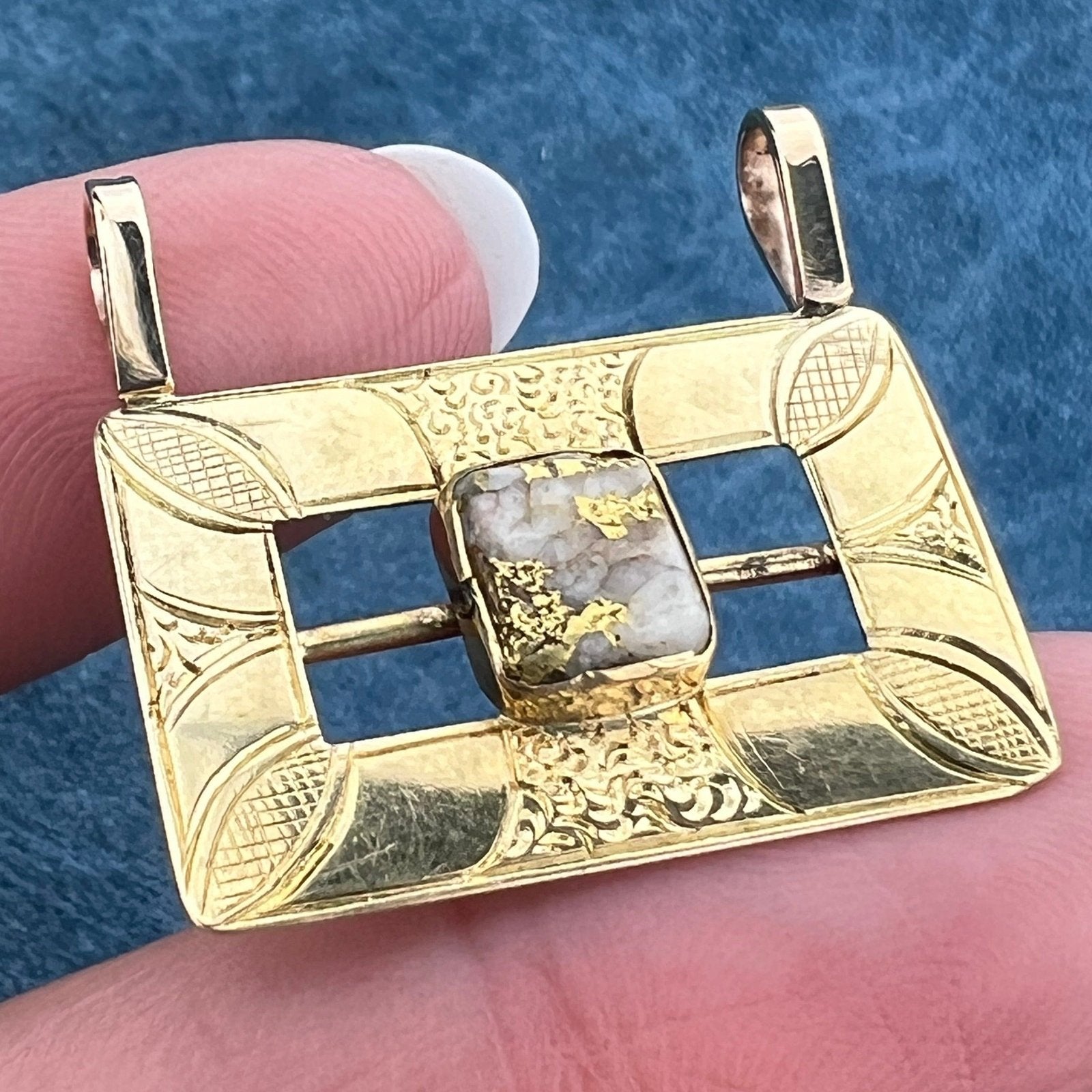 14k Gold Antique Alaskan Gold-In-Quartz Engraved Buckle Pendant. 1.5"