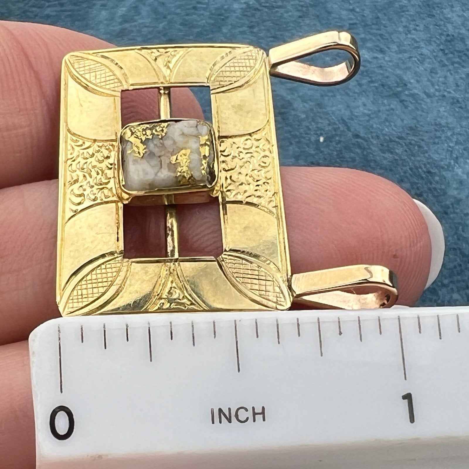 14k Gold Antique Alaskan Gold-In-Quartz Engraved Buckle Pendant. 1.5"