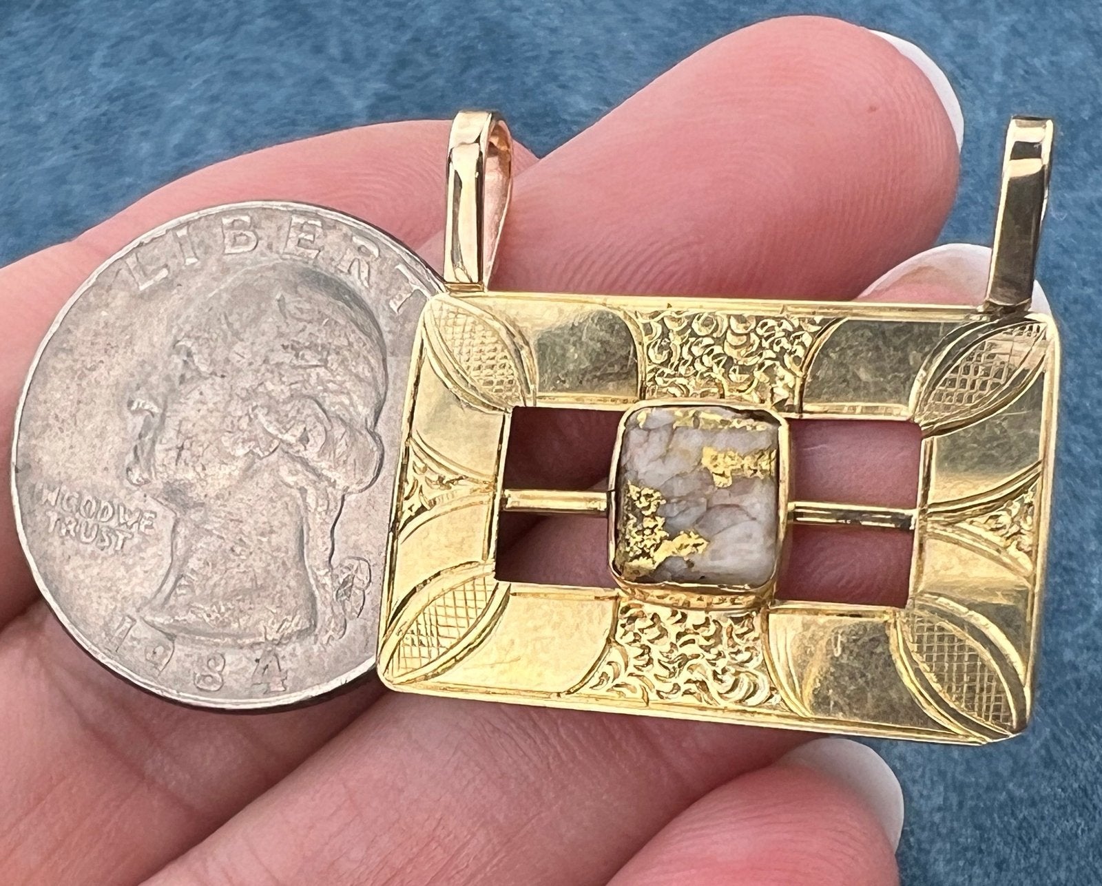 14k Gold Antique Alaskan Gold-In-Quartz Engraved Buckle Pendant. 1.5"