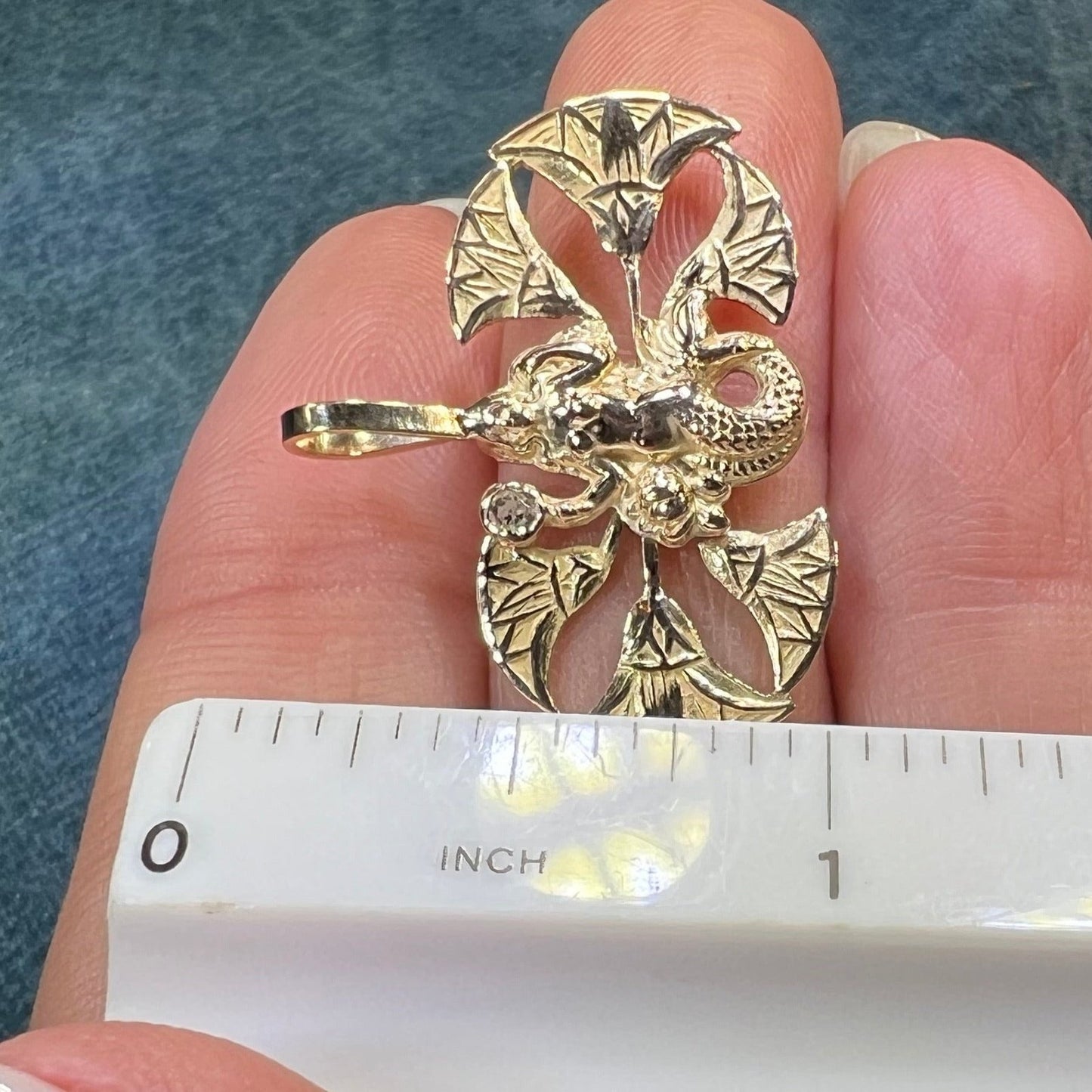 14k Gold Art Deco Mermaid w Lotus Blossom + Rose-Cut Diamond Pendant *Video*