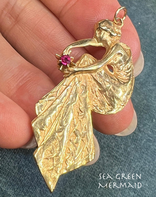 14k Gold Art Nouveau Dryad Goddess Pendant w Ruby. 2" + 8g *Video*