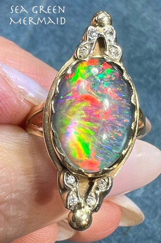 14k Gold Australian Black Opal Triplet Ring w Diamonds **VIDEO**