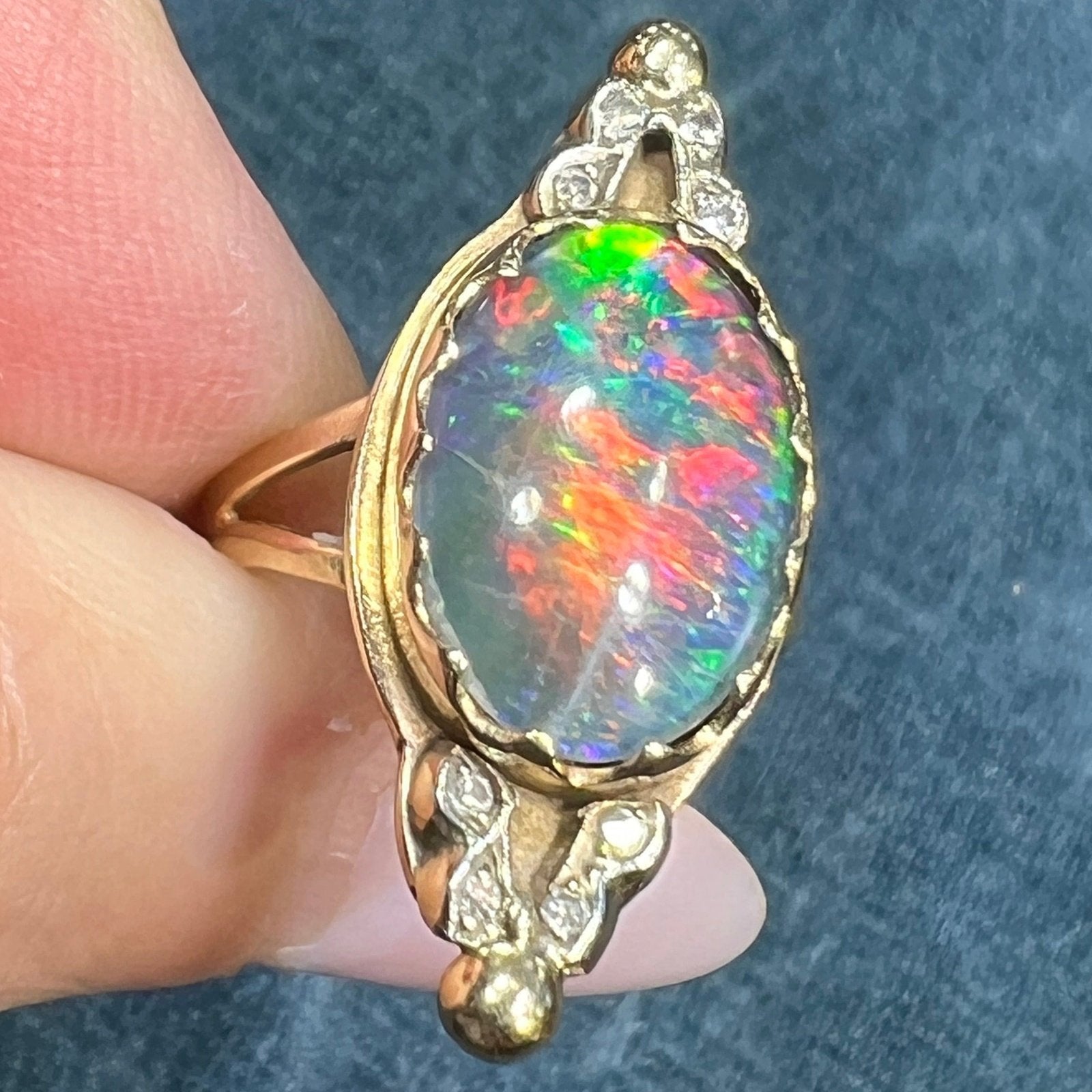 14k Gold Australian Black Opal Triplet Ring w Diamonds **VIDEO**