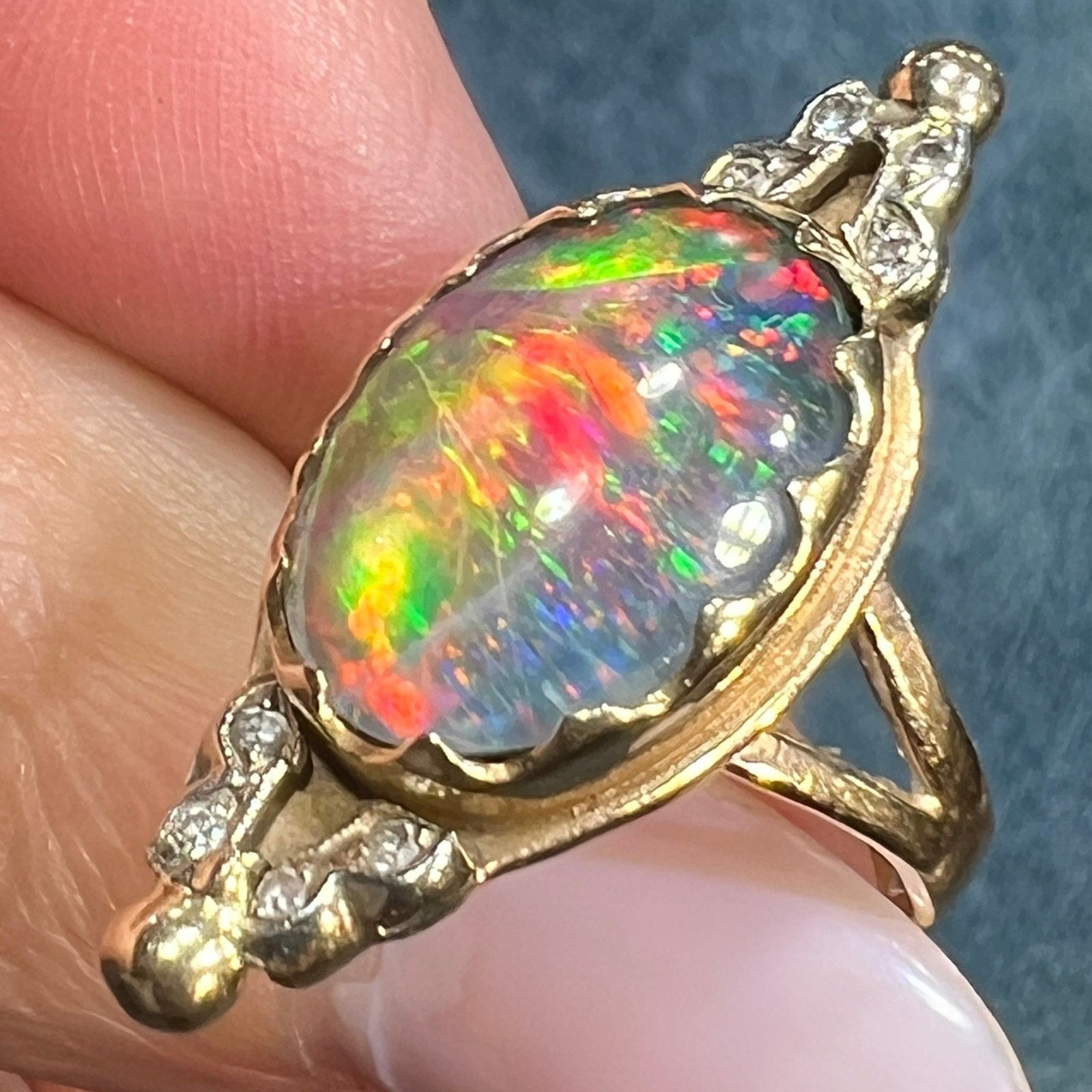 14k Gold Australian Black Opal Triplet Ring w Diamonds **VIDEO**