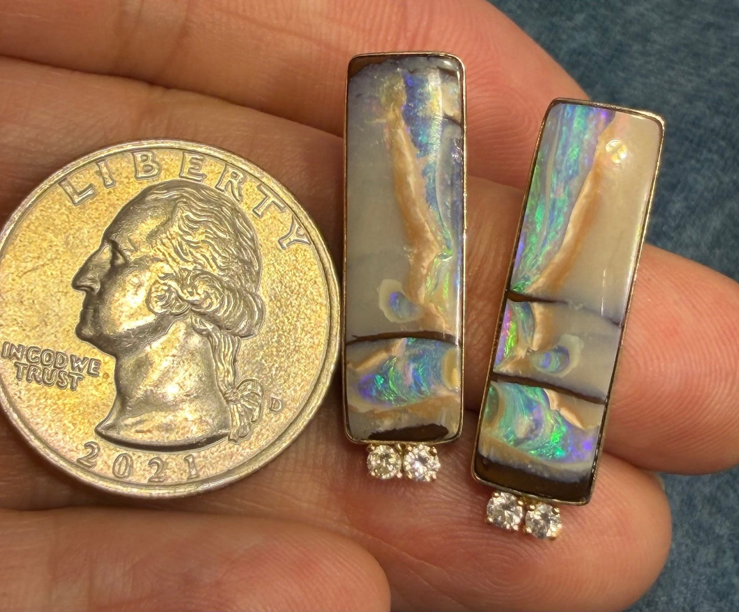 14k Gold Australian Boulder Opal + Diamond Earrings. 1.1" + 6g *Video*