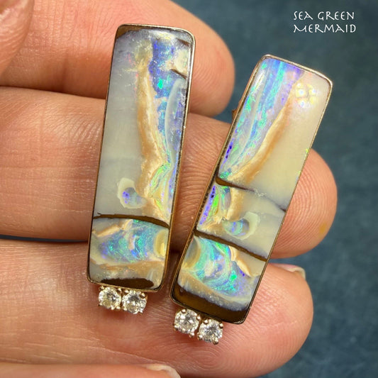 14k Gold Australian Boulder Opal + Diamond Earrings. 1.1" + 6g *Video*