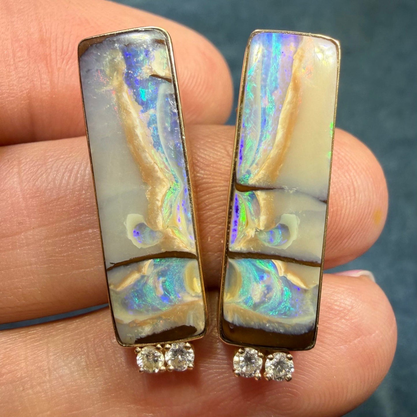 14k Gold Australian Boulder Opal + Diamond Earrings. 1.1" + 6g *Video*