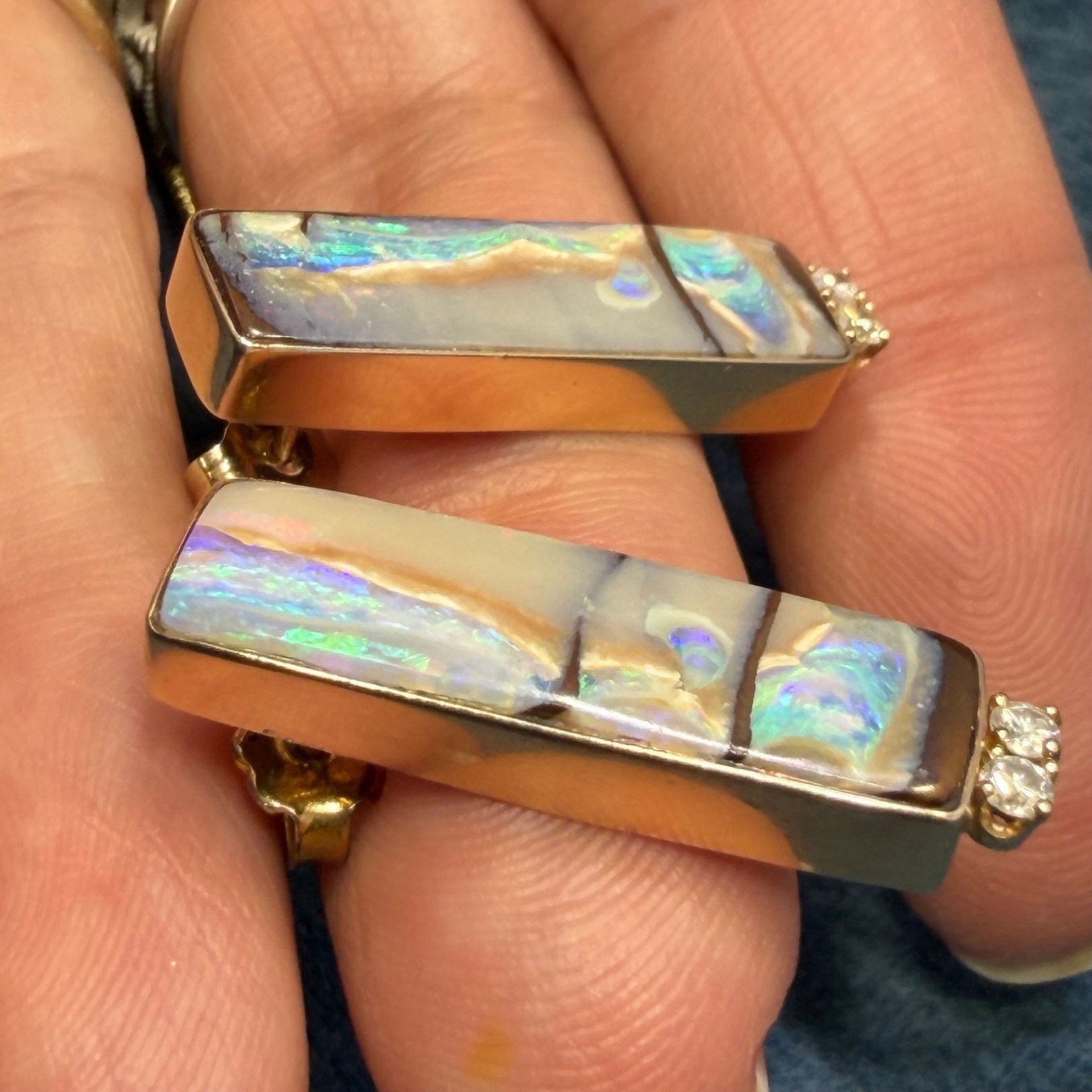 14k Gold Australian Boulder Opal + Diamond Earrings. 1.1" + 6g *Video*