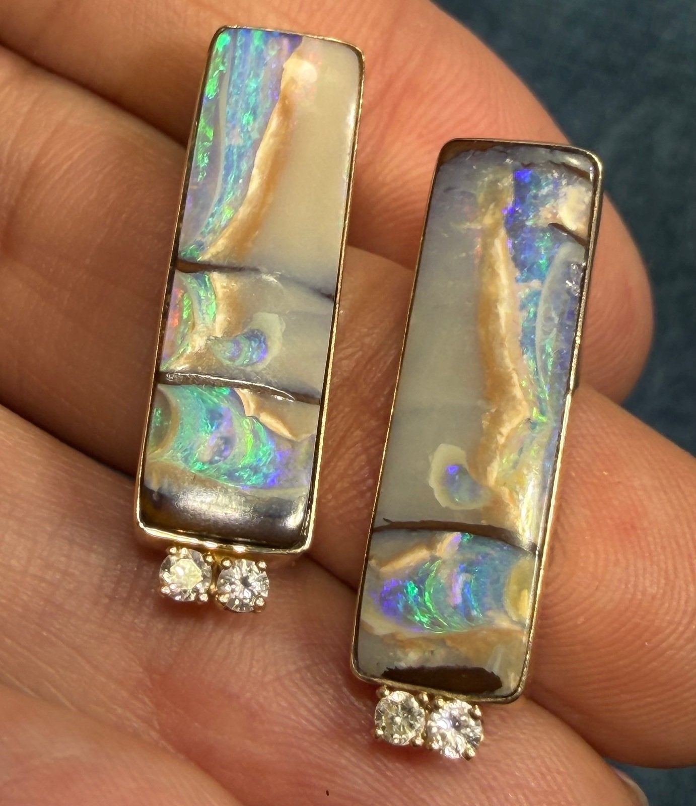 14k Gold Australian Boulder Opal + Diamond Earrings. 1.1" + 6g *Video*