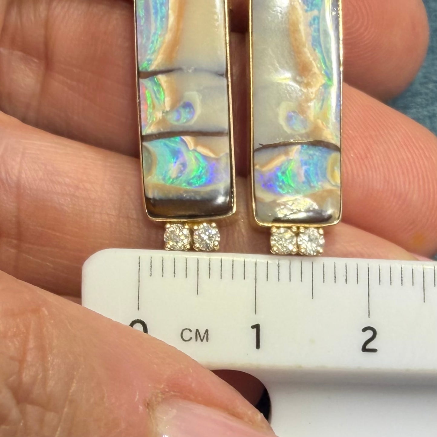 14k Gold Australian Boulder Opal + Diamond Earrings. 1.1" + 6g *Video*