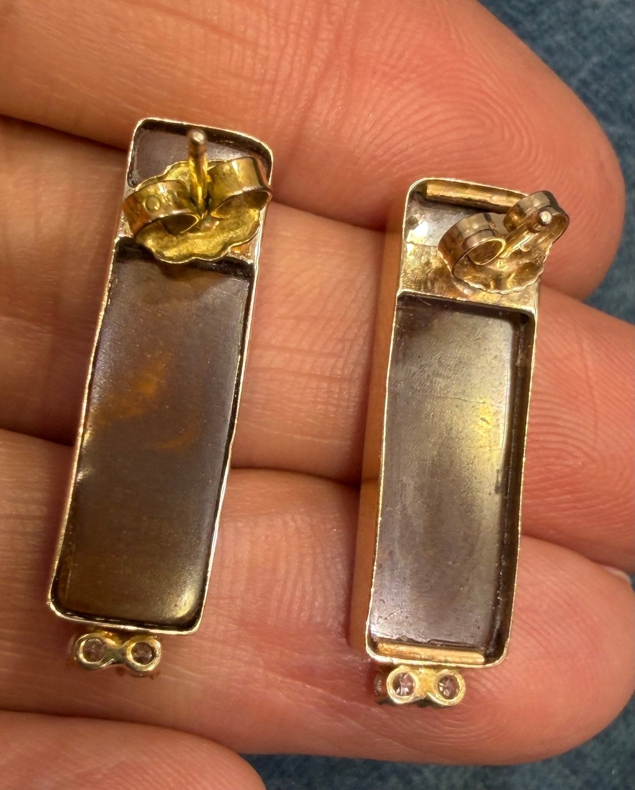 14k Gold Australian Boulder Opal + Diamond Earrings. 1.1" + 6g *Video*