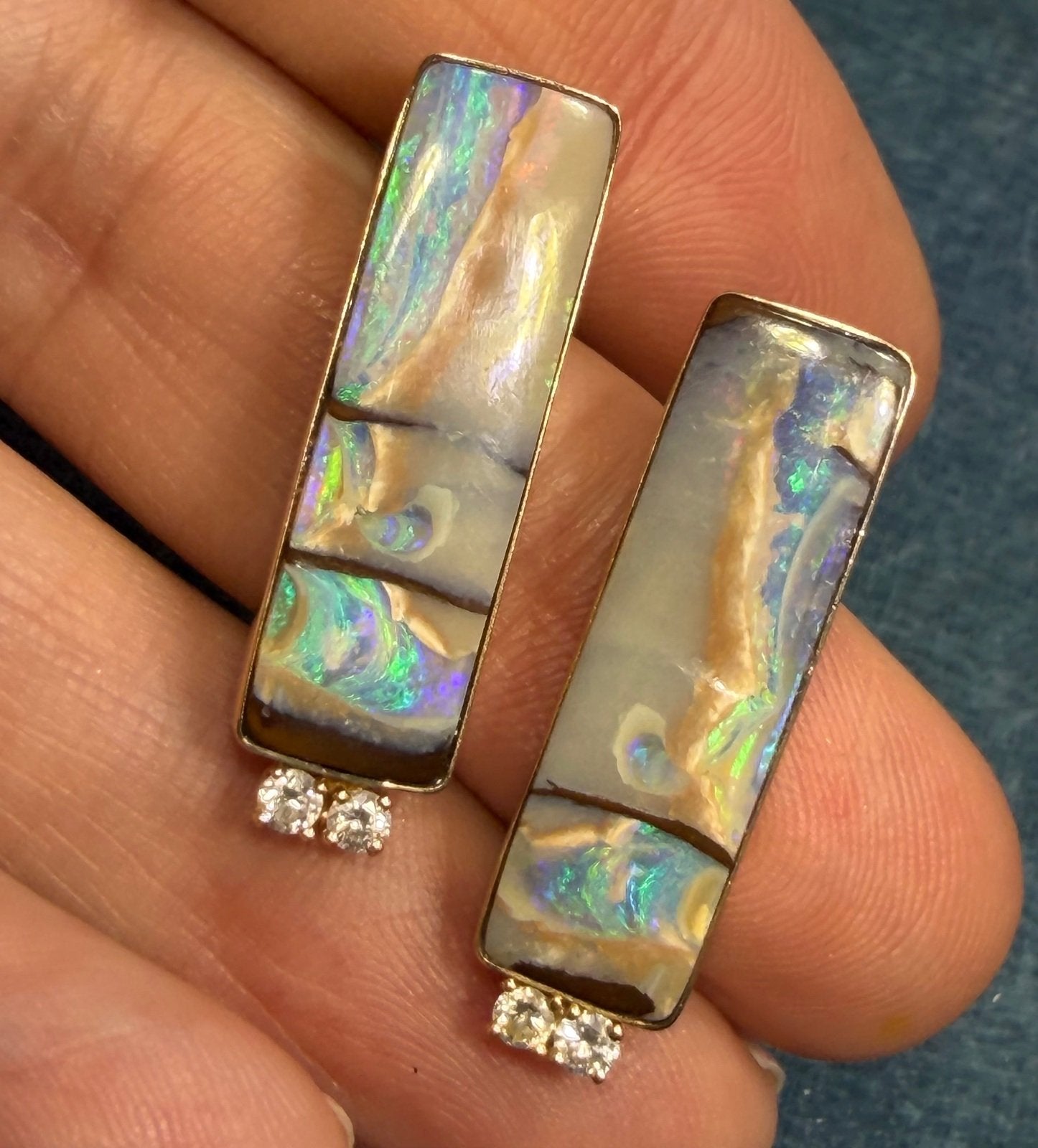 14k Gold Australian Boulder Opal + Diamond Earrings. 1.1" + 6g *Video*