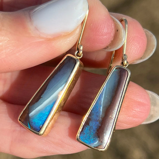 14k Gold Australian Boulder Opal Leverback Earrings. Designer *Video*